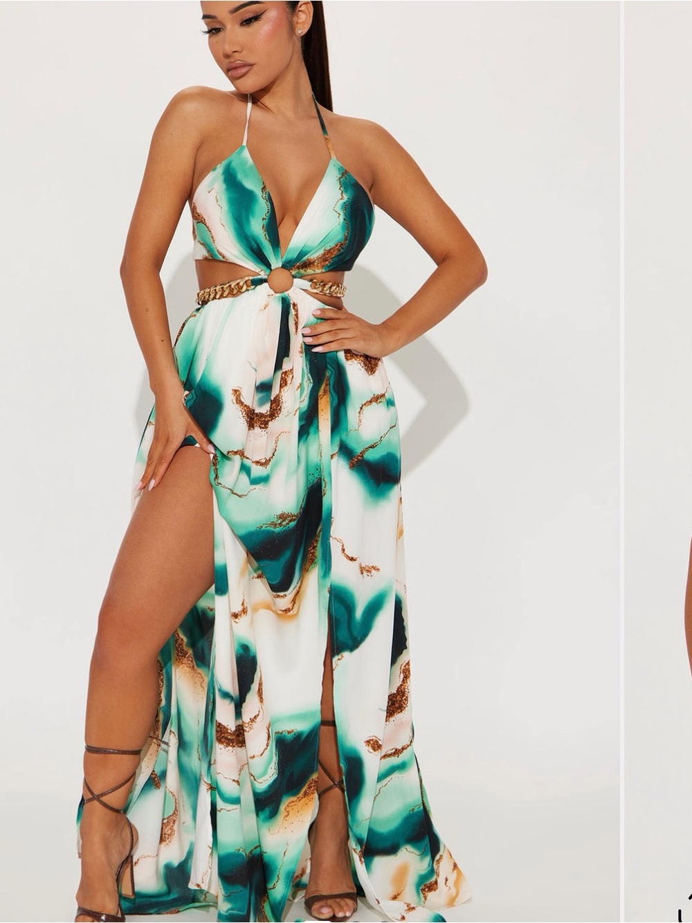 Fashion Nova Teal Marble Halter High-Low Maxi Dress with Gold Chain